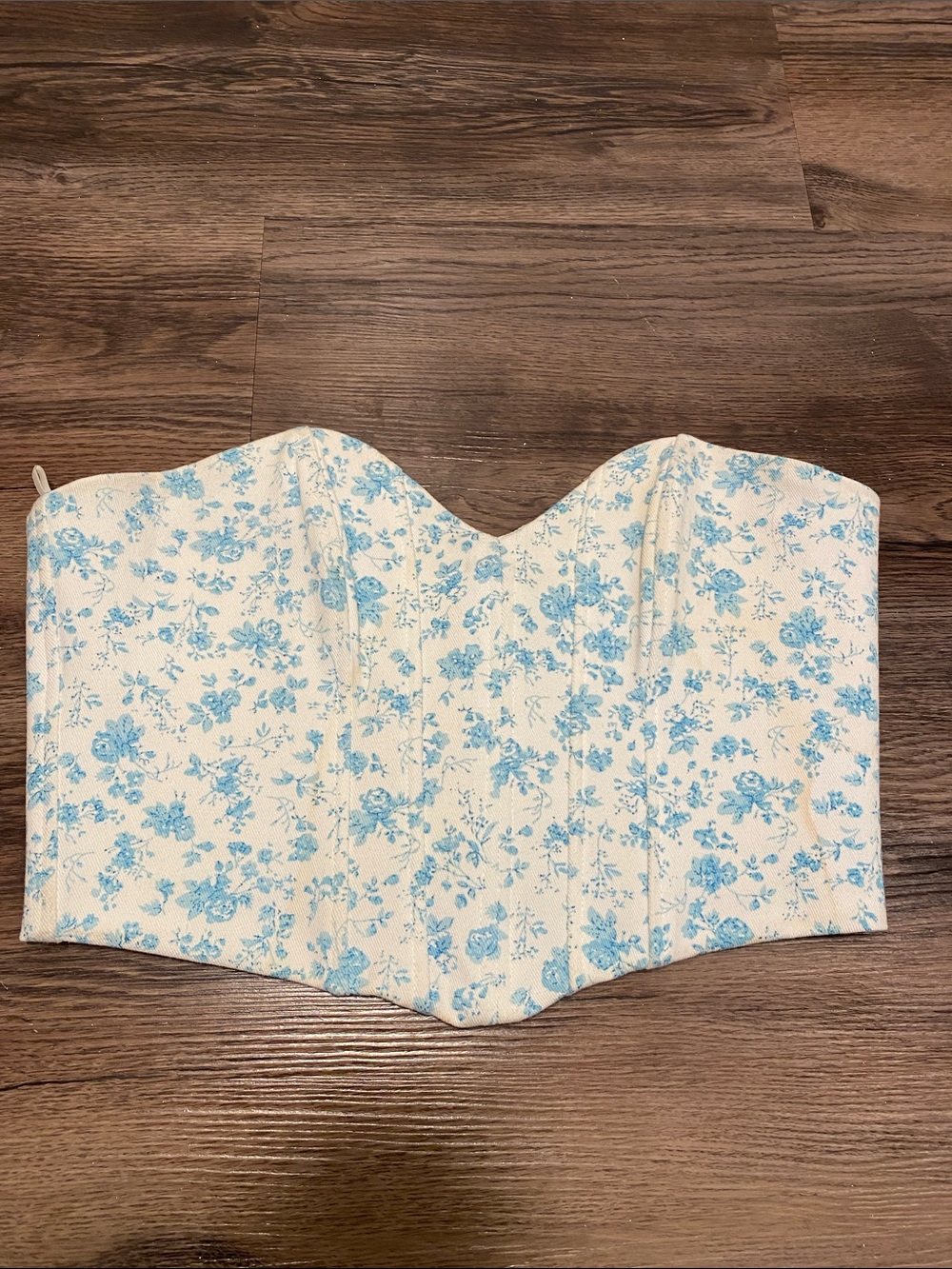 Strapless Floral Corset Top in Cream and Light Blue